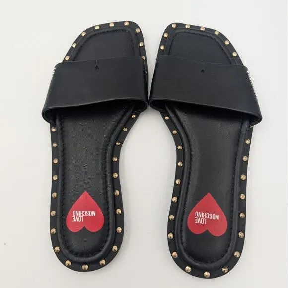 Love Moschino Women's Sandals Flat Shoes Studded Leather Black Size US7-7.5 EU38