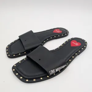 Love Moschino Women's Sandals Flat Shoes Studded Leather Black Size US7-7.5 EU38
