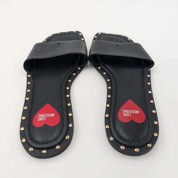 Love Moschino Women's Sandals Flat Shoes Studded Leather Black Size US7-7.5 EU38