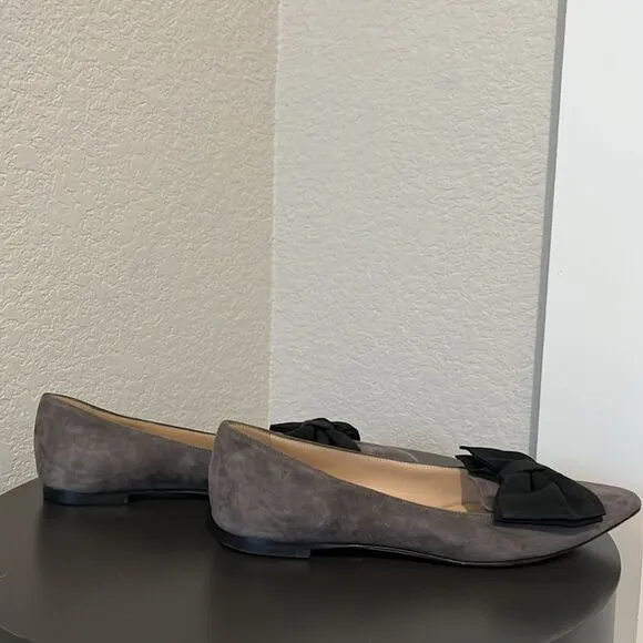 M. GEMI Grey Suede Pointed Toe with Black Bow Flats, Size 36.5 (US Size 6)