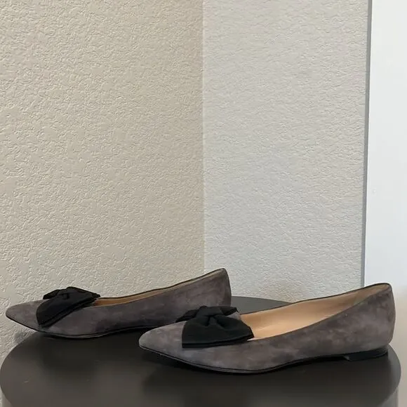 M. GEMI Grey Suede Pointed Toe with Black Bow Flats, Size 36.5 (US Size 6)