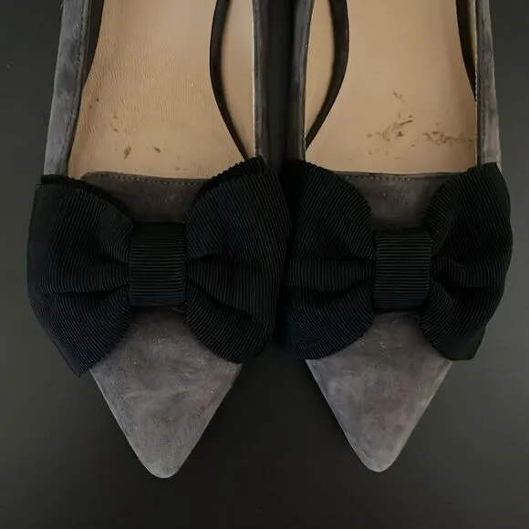 M. GEMI Grey Suede Pointed Toe with Black Bow Flats, Size 36.5 (US Size 6)