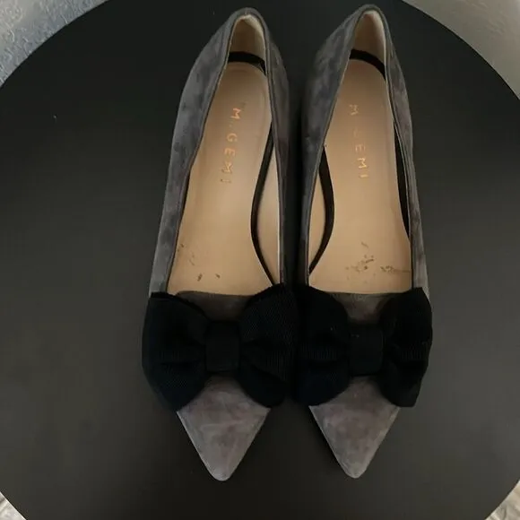 M. GEMI Grey Suede Pointed Toe with Black Bow Flats, Size 36.5 (US Size 6)
