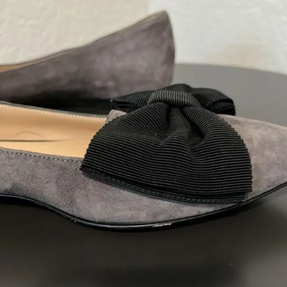M. GEMI Grey Suede Pointed Toe with Black Bow Flats, Size 36.5 (US Size 6)