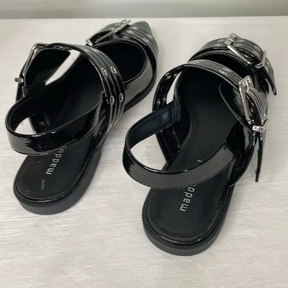 Madden Girl Vardan Black Faux Patent Leather Buckle Slingback Shoes 9