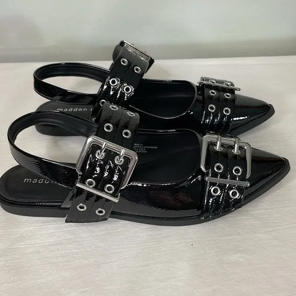 Madden Girl Vardan Black Faux Patent Leather Buckle Slingback Shoes 9