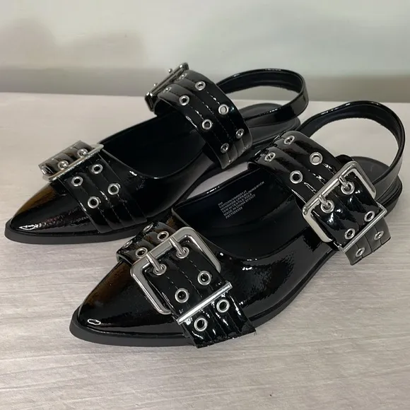 Madden Girl Vardan Black Faux Patent Leather Buckle Slingback Shoes 9