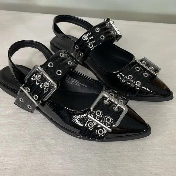 Madden Girl Vardan Black Faux Patent Leather Buckle Slingback Shoes 9