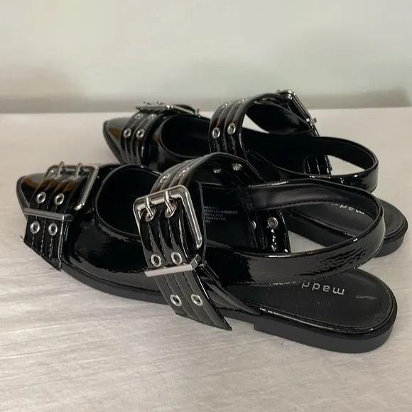 Madden Girl Vardan Black Faux Patent Leather Buckle Slingback Shoes 9