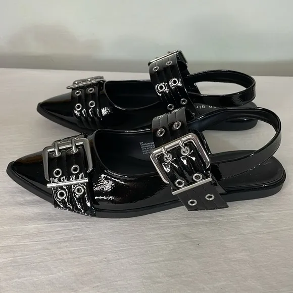 Madden Girl Vardan Black Faux Patent Leather Buckle Slingback Shoes 9