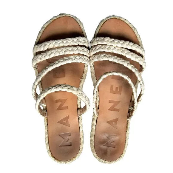 MANEBI Cream Natural Raffia Flat Sandals Slip On Slides Women’s Size 8.5