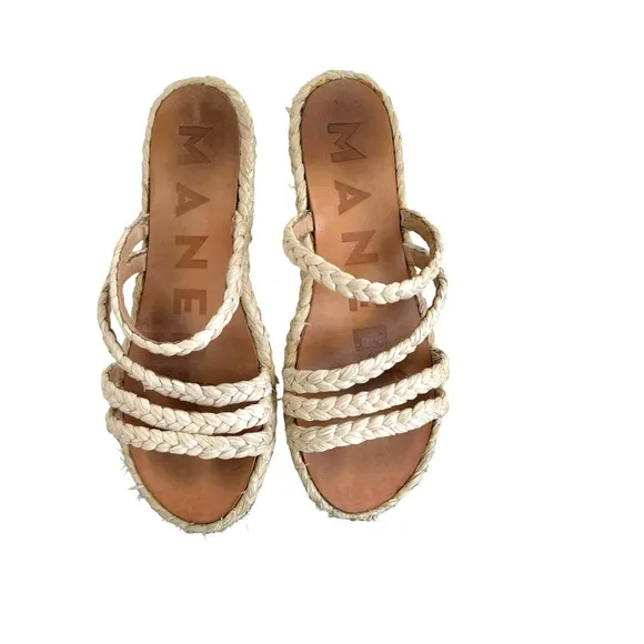 MANEBI Cream Natural Raffia Flat Sandals Slip On Slides Women’s Size 8.5