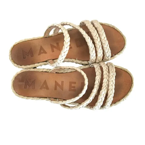MANEBI Cream Natural Raffia Flat Sandals Slip On Slides Women’s Size 8.5