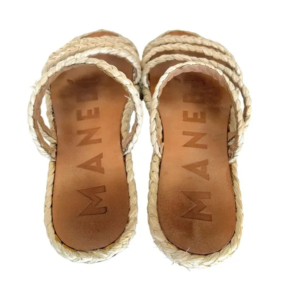 MANEBI Cream Natural Raffia Flat Sandals Slip On Slides Women’s Size 8.5