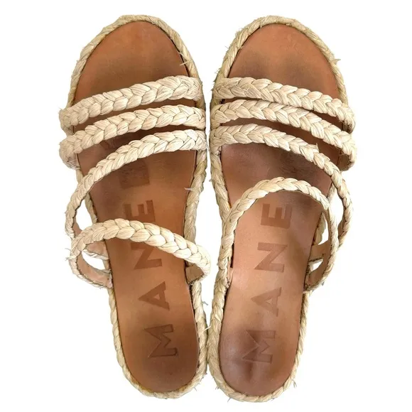 MANEBI Cream Natural Raffia Flat Sandals Slip On Slides Women’s Size 8.5