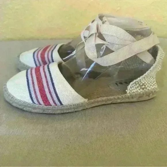 Manebi Hamptons Striped Canvas Espadrilles With Ankle Ties In Tan Size 39/9 NWOT
