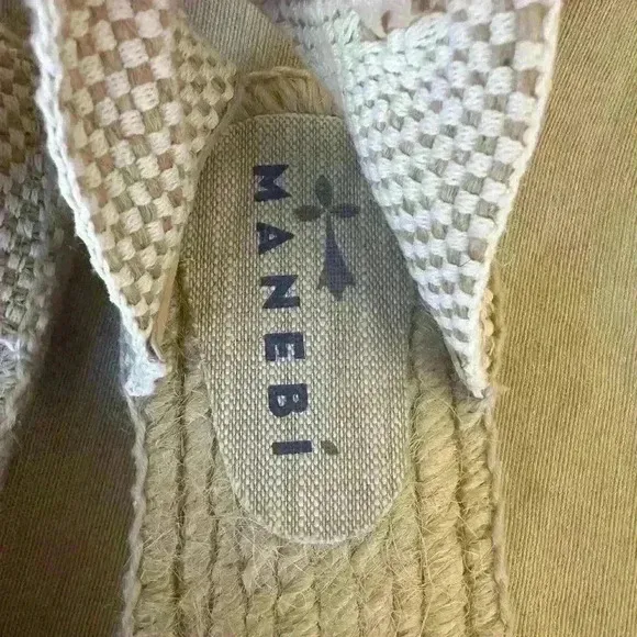 Manebi Hamptons Striped Canvas Espadrilles With Ankle Ties In Tan Size 39/9 NWOT
