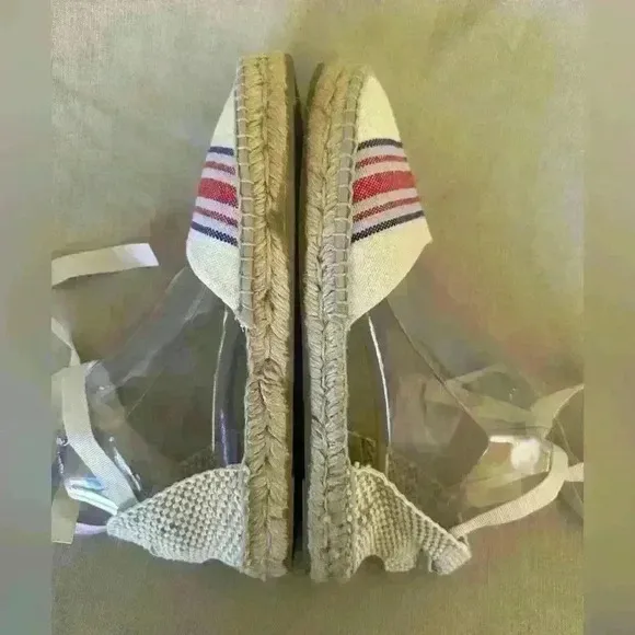 Manebi Hamptons Striped Canvas Espadrilles With Ankle Ties In Tan Size 39/9 NWOT