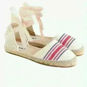 Manebi Hamptons Striped Canvas Espadrilles With Ankle Ties In Tan Size 39/9 NWOT