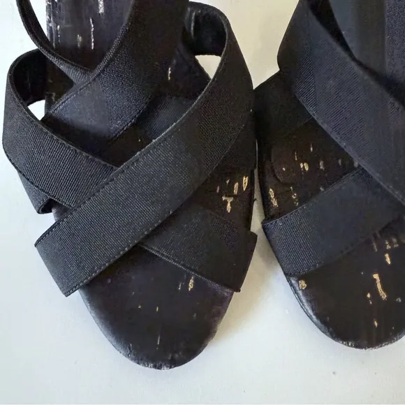 Manolo Blahnik Womens Strappy Elastic Cork Wedge Sandal Heels Black SZ  37.5 7.5
