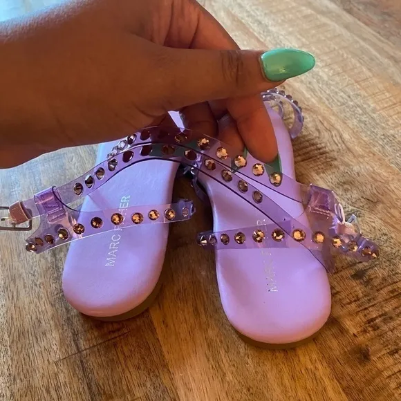 Marc Fisher FONOO flat square toe sandals plastic jelly straps stones purple NEW