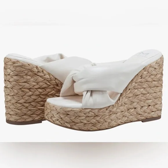 Marc Fisher Navina Espadrille Wedge Sandal Ivory/ Leather Sz 8.5