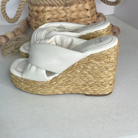Marc Fisher Navina Espadrille Wedge Sandal Ivory/ Leather Sz 8.5