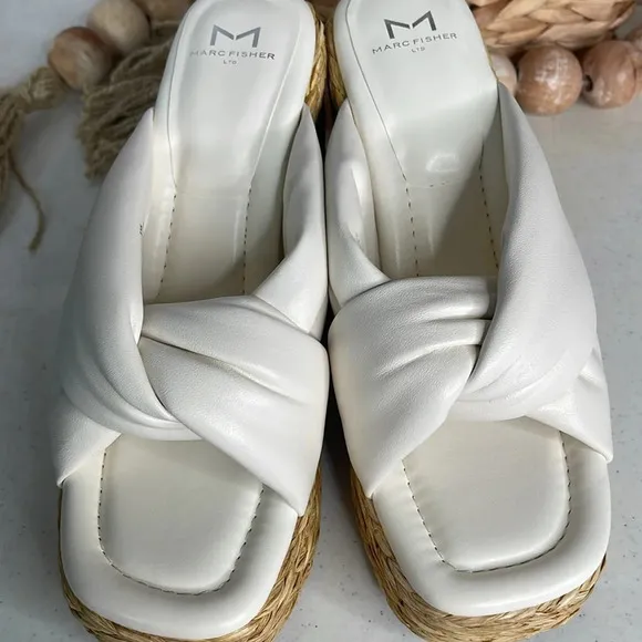 Marc Fisher Navina Espadrille Wedge Sandal Ivory/ Leather Sz 8.5