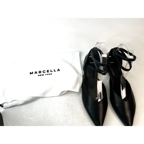 Marcella Women's Kerry Flats Black Leather Pointed Toe Ankle Strap Sandals Sz 9