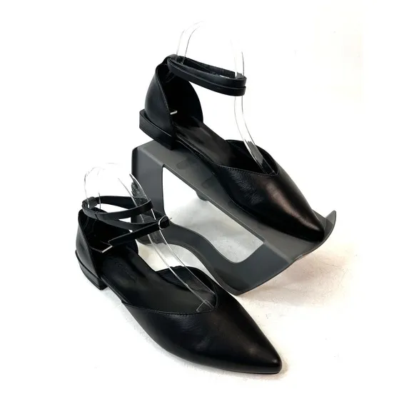 Marcella Women's Kerry Flats Black Leather Pointed Toe Ankle Strap Sandals Sz 9
