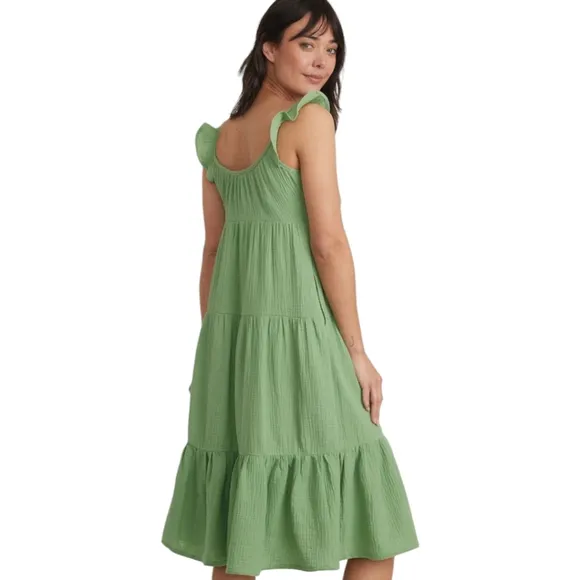 Marine Layer Women's Jude Gauze Tiered Flutter Sleeve Dress Jade Sheen NWT S