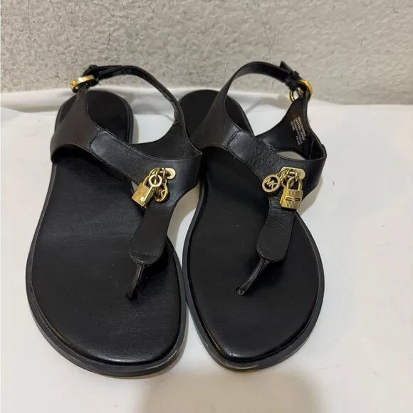 Michael Kors Black Leather Gold Lock Key Charms Buckle Thong Flat Sandals 8