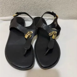 Michael Kors Black Leather Gold Lock Key Charms Buckle Thong Flat Sandals 8