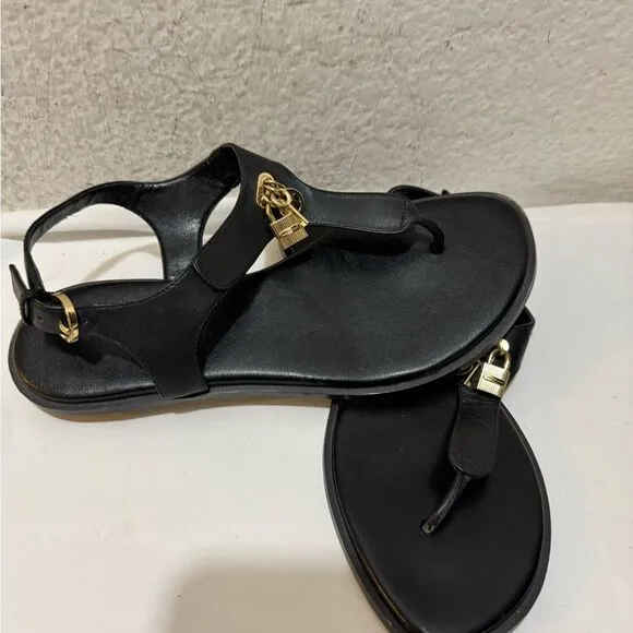 Michael Kors Black Leather Gold Lock Key Charms Buckle Thong Flat Sandals 8