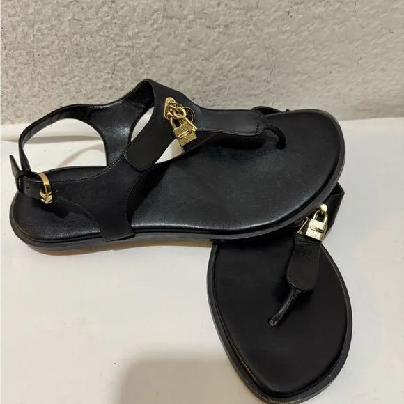 Michael Kors Black Leather Gold Lock Key Charms Buckle Thong Flat Sandals 8
