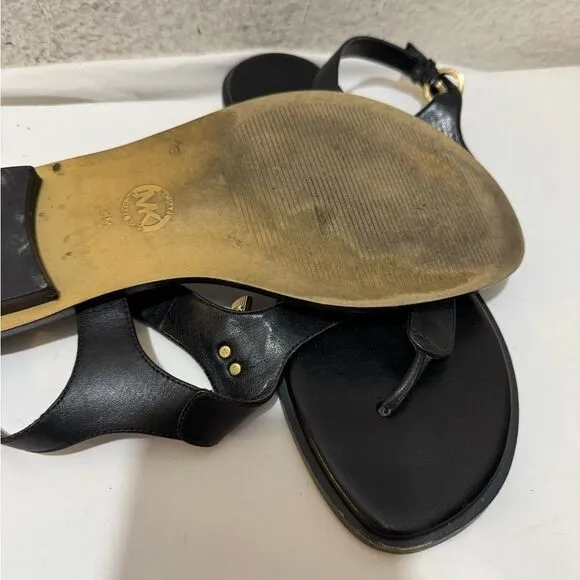 Michael Kors Black Leather Gold Lock Key Charms Buckle Thong Flat Sandals 8