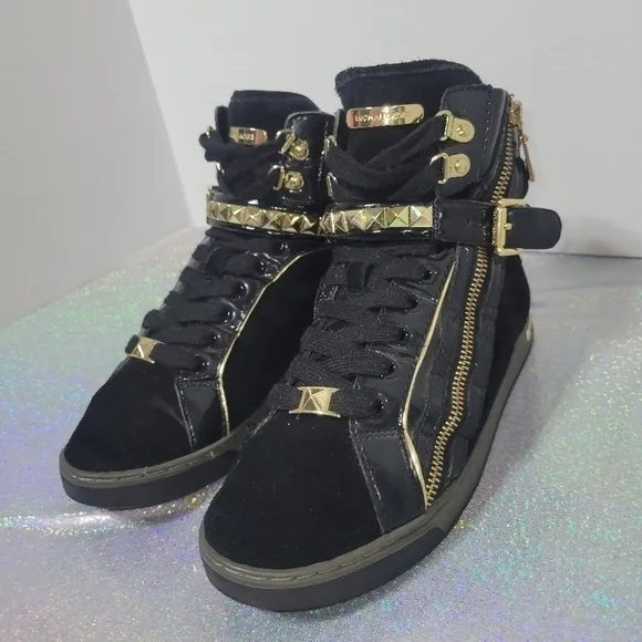Michael Kors Black Suede Gold Studded High Top Sneakers zipper buckle