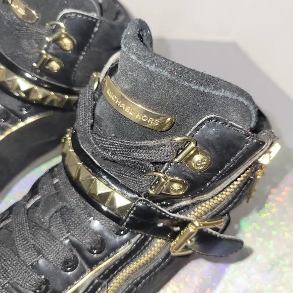 Michael Kors Black Suede Gold Studded High Top Sneakers zipper buckle