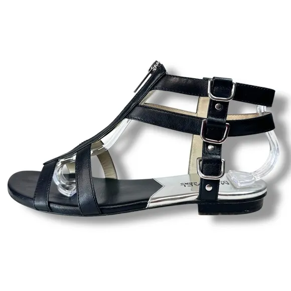 Michael Kors Kennedy Black Leather Gladiator Sandals, Open Toe Flats, Size 7.5