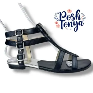 Michael Kors Kennedy Black Leather Gladiator Sandals, Open Toe Flats, Size 7.5
