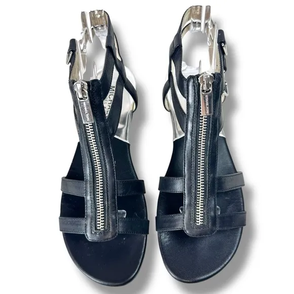 Michael Kors Kennedy Black Leather Gladiator Sandals, Open Toe Flats, Size 7.5