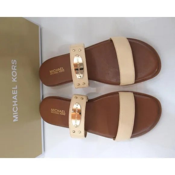 Michael Kors MK Plate Slide Flat Sandal MK Logo Embellished Buttermilk
