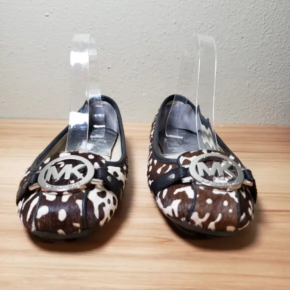 Michael Kors Women's 7 Calfhair Ballet Logo Flats Brown Tan Cow Print Western