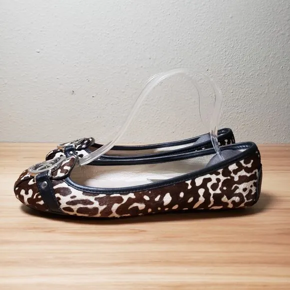 Michael Kors Women's 7 Calfhair Ballet Logo Flats Brown Tan Cow Print Western