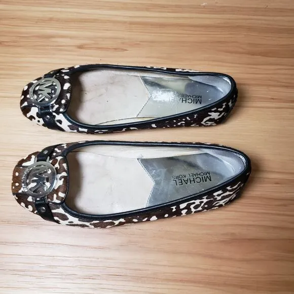 Michael Kors Women's 7 Calfhair Ballet Logo Flats Brown Tan Cow Print Western