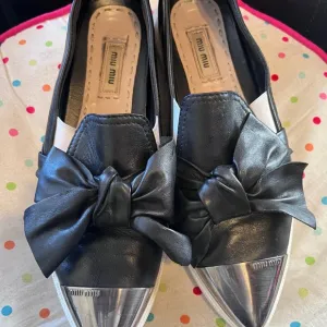 Miu Miu Black and Silver Pointed-Toe Flats with Bow