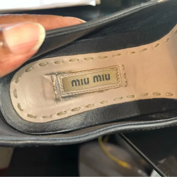 Miu Miu Black and Silver Pointed-Toe Flats with Bow
