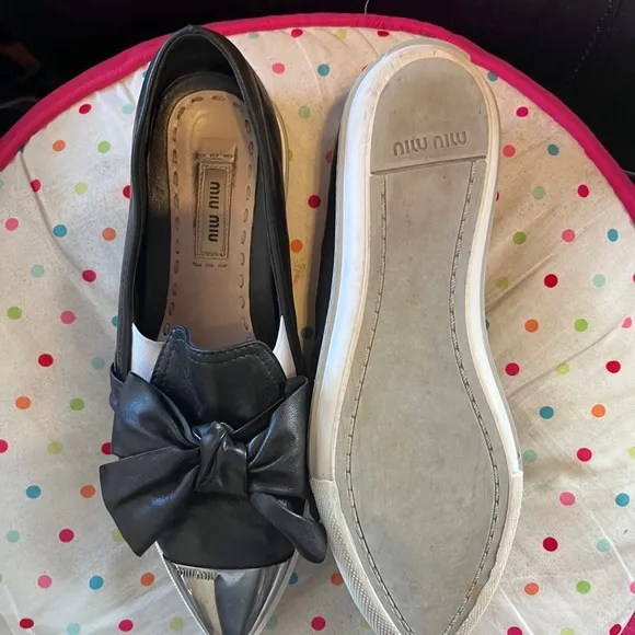 Miu Miu Black and Silver Pointed-Toe Flats with Bow