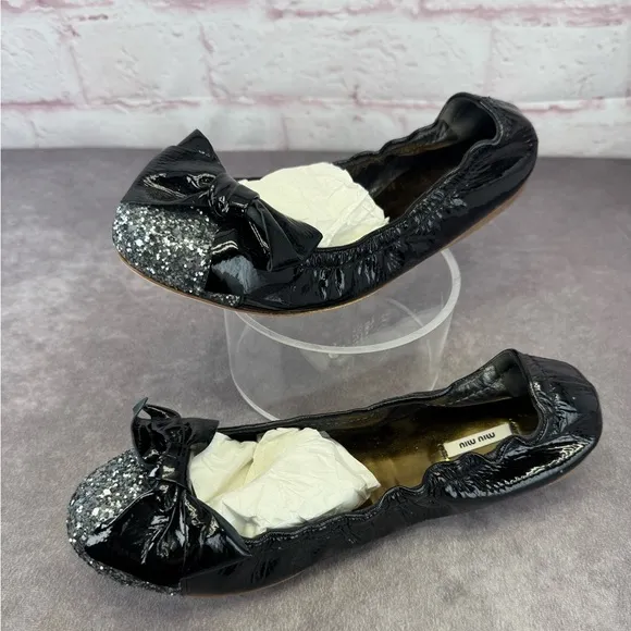 Miu Miu Black Glitter Bow Ballet Flats 38
