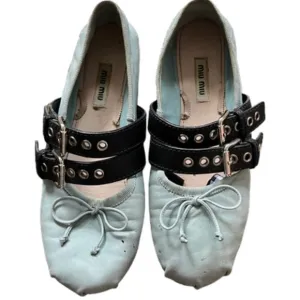 Miu Miu Women's Blue Ballet Flats with Black Straps